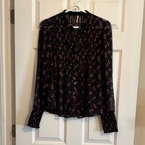 Free People Sheer Black Blouse with Pink Floral Design